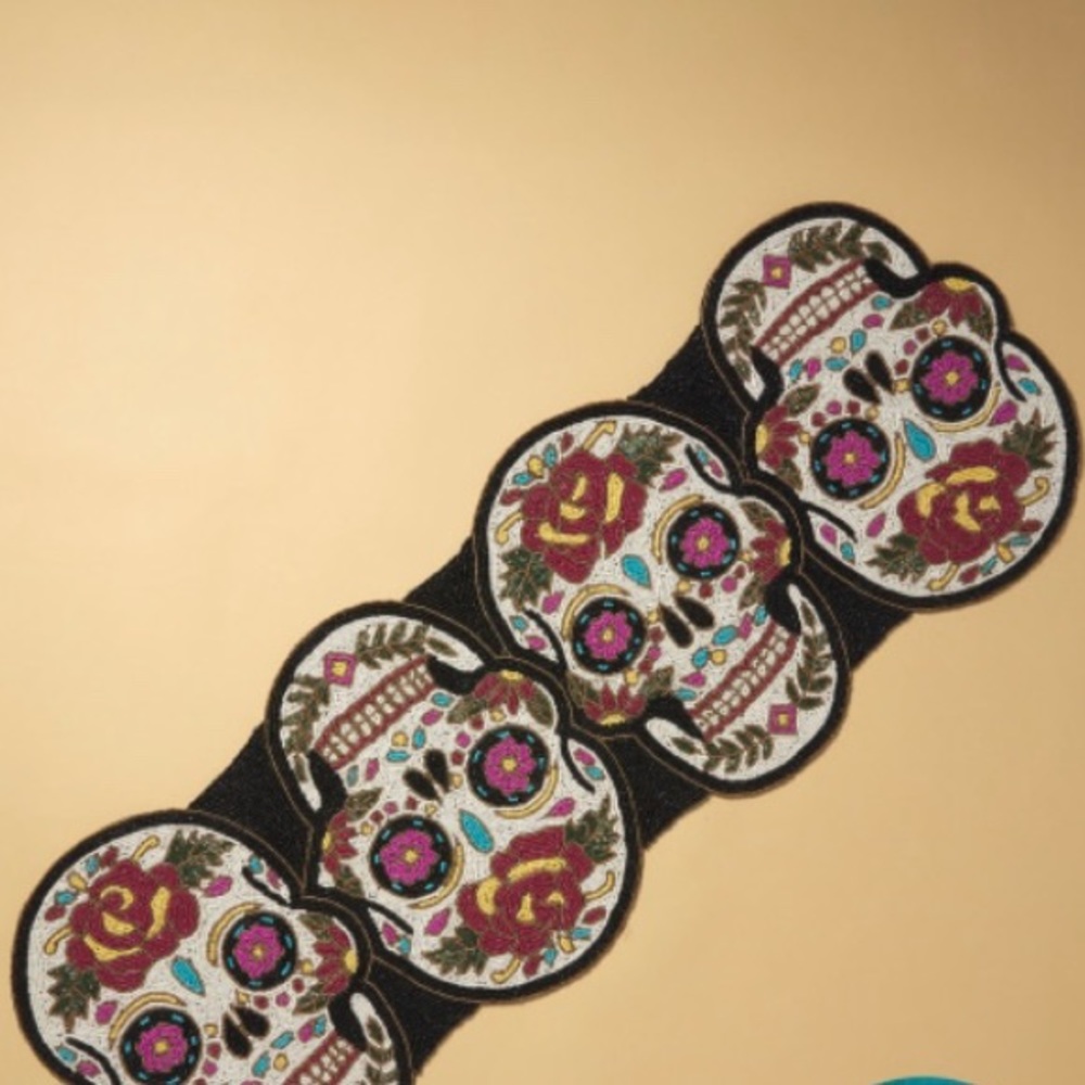MAX STUDIO 14×39 Beaded Sugar Skulls Patterned Halloween Table Runner